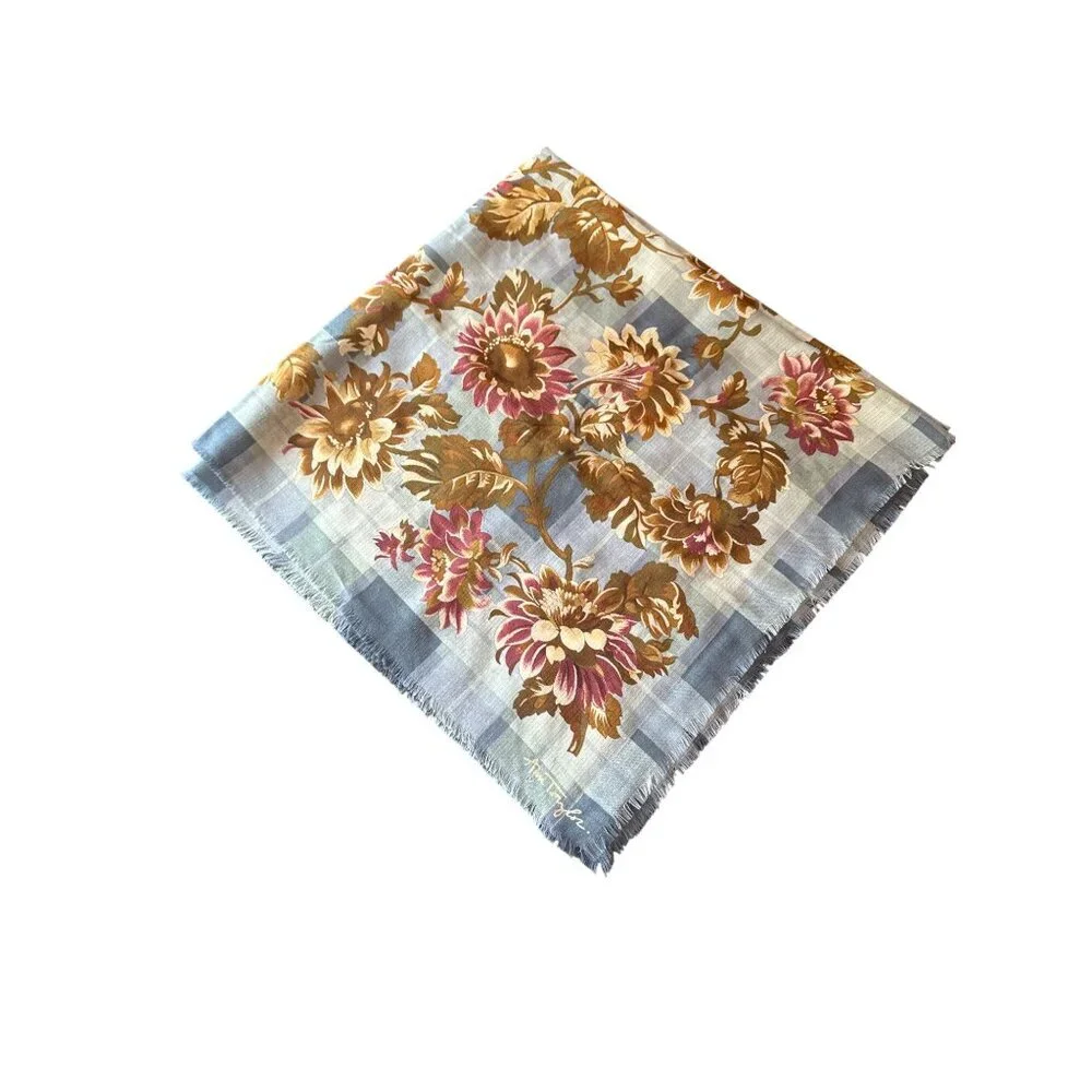Ann Taylor Floral Wool Square Scarf Blue & Brown‎ Vintage 90s, Career Work